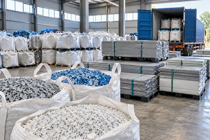 Illustration of bulk bags of PVC regrind and strapped stacks of PVC sheets in a warehouse, with a container being loaded